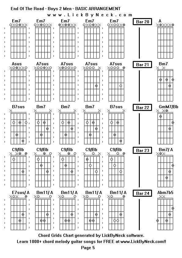 Chord Grids Chart of chord melody fingerstyle guitar song-End Of The Road - Boys 2 Men - BASIC ARRANGEMENT,generated by LickByNeck software.